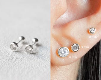 Diamond Bezel Stud Earrings, Bezel Set Earrings Studs, Diamond Earrings, 3MM 4MM 5MM, Stud Earrings, Gift for Her, Birthday Gift, Gift Set