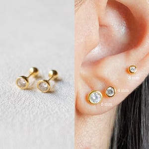 Diamond Bezel Gold Stud Earrings, Bezel Set Earrings Studs, Cartilage Conch Tragus Earrings, CZ Studs, 3/4/5 MM, Gift for Her, Birthday Gift