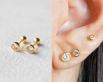 Diamond Bezel Gold Stud Earrings, Bezel Set Earrings Studs, Cartilage Conch Tragus Earrings, CZ Studs, 3/4/5 MM, Gift for Her, Birthday Gift