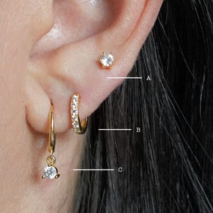 Diamond Drop Earrings Set of 3, Huggie Hoop Earrings, Gold Huggies, Small Hoops Earrings, Pave Huggie Hoop Earrings, Gift for Her, Gift Set