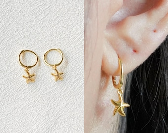 Starfish Huggie Hoop Earrings, Sea Star Dangle Earrings, Gold Star Drop Earrings, Best Friend Birthday Gift, Summer Beach Holiday Earrings