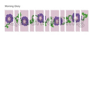 Op de afbeelding: Een kralenpatroon voor een ochtendgloriebloem. Het patroon is gemaakt van kleine, kleurrijke kralen en is bedoeld om te worden gebruikt voor het maken van sieraden of andere ambachten.