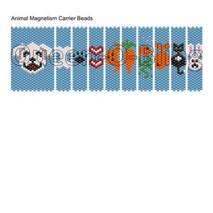 Op de afbeelding: Een set van 10 kralenweefpatronen voor diermagnetisme-dragerkralen. De patronen omvatten een hond, een hart, een vis, een wortel, een slang, een pompoen, een kat en een konijn.