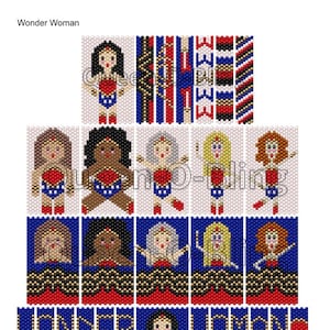 Op de afbeelding: Een digitaal patroon voor het kralen van een Wonder Woman-figuur. Het patroon bevat een verscheidenheid aan kralenontwerpen, waaronder een Wonder Woman-figuur op ware grootte, een close-up van haar gezicht en een verscheidenheid aan kralenpatronen voor haar kostuum.