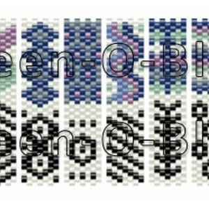 May include: A set of 10 beading patterns for bracelets, featuring a geometric design with black, white, blue, and purple beads. The patterns are labeled "Queen-O-Bling".