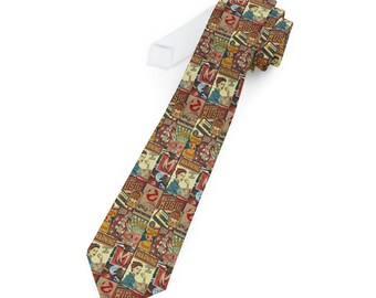 fun tie with retro drawings, ice cream parlor, old cars, retro and vintage lovers, alternative.