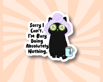 Sorry I Can't. I'm Busy Doing Absolutely Nothing Sticker | Black Cat Sticker | Holographic Vinyl Decal | Funny Cat Themed Gift | Self-Care