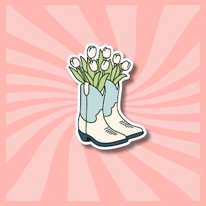 Adesivo con stivali da cowgirl a forma di tulipano / Adesivo con stivali da cowboy western / Tropo del libro sul romanticismo da cowboy / Adesivo con tulipani / Decalcomania floreale / Regalo per gli amanti dei libri