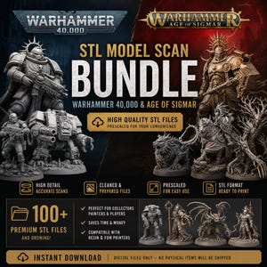 Könnte beinhalten: Eine digitale Werbegrafik für ein STL-Modell-Scan-Paket mit Warhammer 40,000 und Age of Sigmar Miniaturen. Das Bild zeigt verschiedene grau getönte Fantasy- und Science-Fiction-Charakterfiguren, darunter gepanzerte Soldaten und Kreaturen.