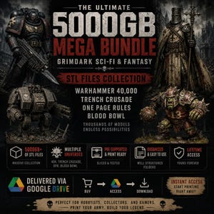 Peut inclure: Un graphique promotionnel numérique pour un méga pack de 5000 Go de fichiers STL avec des illustrations de personnages de science-fiction et de fantasy, incluant un marine spatial, un chevalier, un méca et un orc, avec accès via Google Drive.