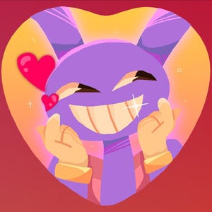 May include: A purple cartoon character with a big smile and hearts around its head. The character is wearing a gold bracelet and has a sparkly effect on its cheek.