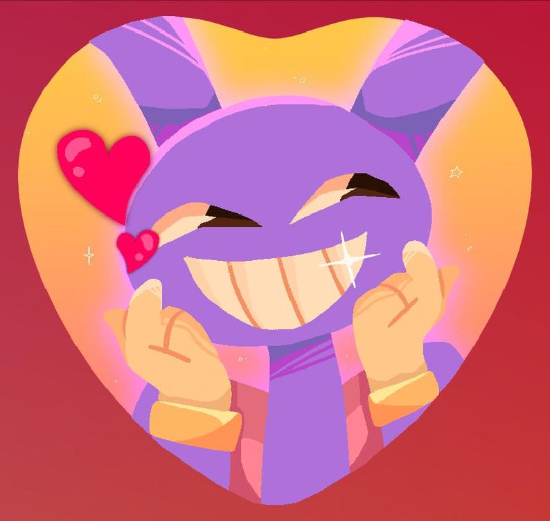 May include: A purple cartoon character with a big smile and hearts around its head. The character is wearing a gold bracelet and has a sparkly effect on its cheek.