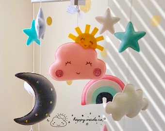 CELESTIAL SKY Baby Mobile, Hanging Crib Mobile, Modern Nursery Mobile, Kids Playroom Decor, Baby Room Decor, Sun, Cloud, Star, Rainbow, Moon