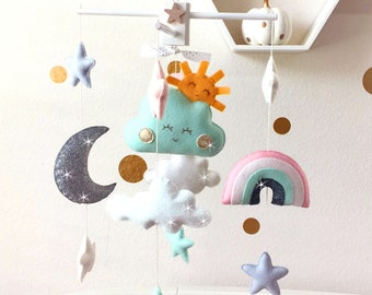 CELESTIAL SKY Baby Mobile, Hanging Crib Mobile, Modern Nursery Mobile, Kids Playroom Decor, Baby Room Decor, Sun, Cloud, Star, Rainbow, Moon