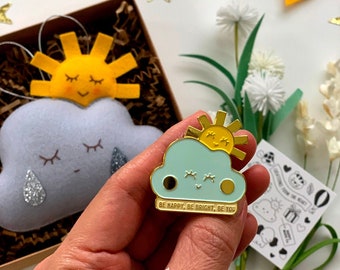 BE BRAVE Cloud & Sun, Plushie + Enamel Pin Set, Thoughtful Gift to Encourage, Support, Wellness, Love, Friendship Gift, Healing, Humor Gift
