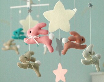 Baby Mobile Cottontail RABBITS Wish Upon the Stars, Felt Bunny, Felt Stars, Hanging Crib Mobile, Modern Nursery Mobile, Kids Playroom Decor