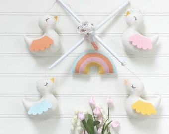 BIRD PARADE Baby Mobile, Spring Summer Theme Decor for Baby Nursery, Kids Playroom, Ornament Baby Crib Mobile, Personalized Rainbow or Cloud