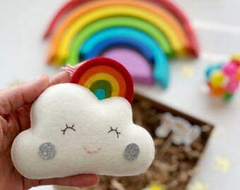 Happy Cloud Rainbow, Plush & Enamel Pin Set, Personalized Gift Keepsake, Feeling Good Vibe Gift for Everyday, Friendship, Easter, Valentine