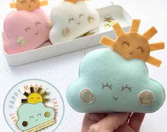 Pin + Plush Set BE HAPPY Cloud and Sun, Handmade Plush, Enamel Pin, Heartwarming Gifts, Friendship, Birthday Gift, Baby Nursery or Playr