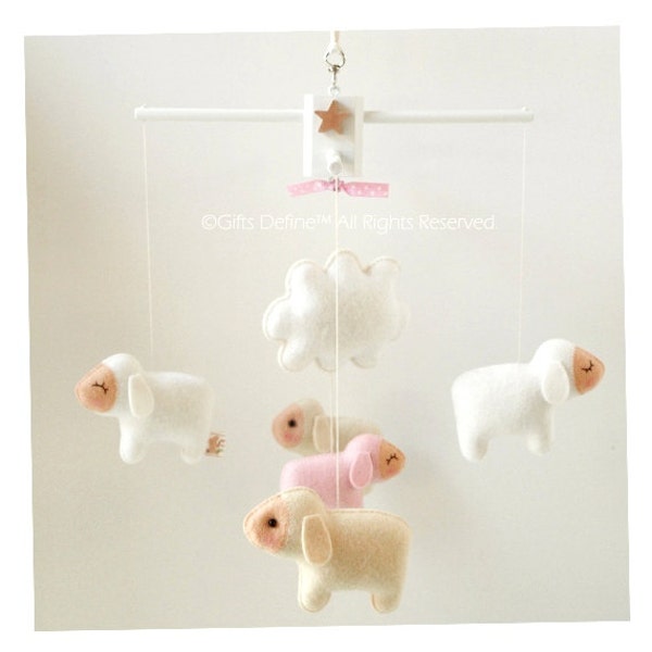 Musical Baby Mobile Counting Sheep (5 Baby Sheep and a Cloud) Hanging Baby Mobile for Baby Crib, Modern Nursery Decor, Kids Playroom decor