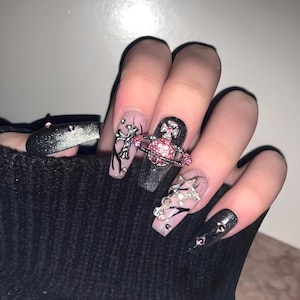 Y2k Press On Nails Gothic 3D Chrome Nails Handmade Reusable Press On Nails Cross Design Long Almond Press On Acrylic Nail Set Gift for Her