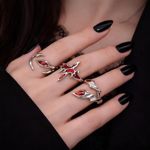 Blodröd Kors Ring Set Justerbara Öppna Silverringar Gotisk Y2K Harajuku Punk Oregelbunden Minimalistisk Stapling Gåva till Henne Honom