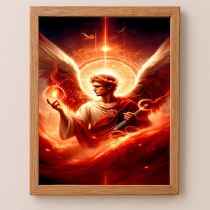May include: A painting of an angel with large white wings, holding a glowing orb in one hand and a sword in the other. The angel is surrounded by a fiery red and orange background.