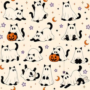 May include: A repeating pattern on a cream background featuring black cats wearing white ghost costumes. The cats are depicted in various poses, some interacting with orange jack-o'-lanterns. The design includes small orange crescent moons, purple stars, and black stars.