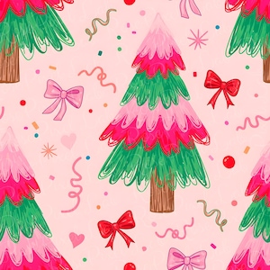 May include: A repeating pattern on a light pink background featuring stylized Christmas trees with alternating layers of bright pink and green foliage, brown trunks, red bows, pink bows, small hearts, and colorful confetti-like squiggles.