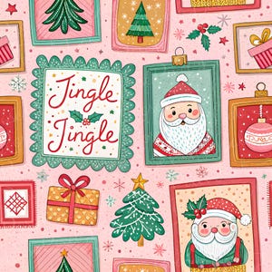Peut inclure: Motif de Noël répétitif sur fond rose. Le motif comprend des images encadrées du Père Noël, de sapins de Noël, de boîtes cadeaux et de boules de Noël. Le texte "Jingle Jingle" est également présent.