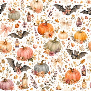 May include: A seamless pattern featuring orange, pink, and sage green pumpkins, black bats with pink bows, glass potion bottles, lit candles in lanterns, beige lace bows, golden keys, spiderwebs, and autumn foliage on a white background.