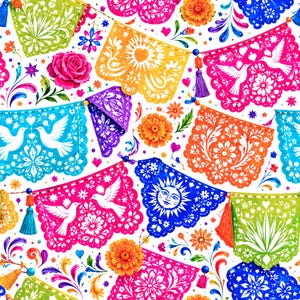 May include: A vibrant seamless pattern featuring colorful papel picado banners with intricate cut-out designs of doves, suns, and floral motifs. The background is white and decorated with bright pink roses, orange marigolds, and small hearts.