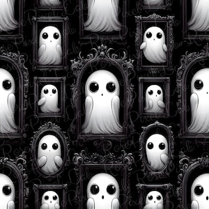 May include: A repeating pattern of cartoon ghosts in ornate black frames against a black background. The ghosts are white with large black eyes. The frames have a vintage, gothic style.