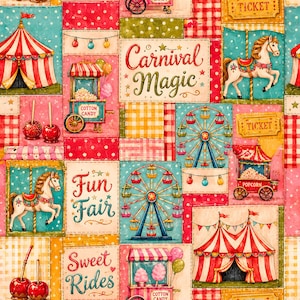 May include: A colorful patchwork design featuring carnival-themed illustrations. The image includes Ferris wheels, carousels, circus tents, and food carts. Text elements read "Carnival Magic," "Fun Fair," and "Sweet Rides."