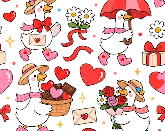 May include: A seamless pattern featuring white geese wearing straw hats, pink scarves, and pink rain boots with heart accents. The geese are depicted with envelopes, a red umbrella, a basket of chocolate, and bouquets of flowers, surrounded by hearts.