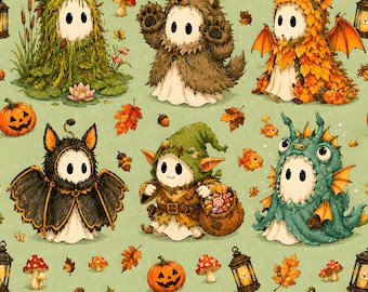 Fantasy Forest Ghost Seamless Pattern, Woodland Creature Halloween Repeat, Dragon Goblin Wolf Digital Paper