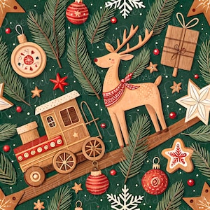 Puede incluir: Ilustración navideña con un reno con bufanda roja, un tren de juguete, adornos, estrellas, copos de nieve y un regalo envuelto. El fondo es verde oscuro con agujas de pino.