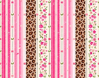 Pink Leopard Stripe Seamless Pattern, Coquette Preppy Floral Cheetah Digital Paper, Girly Patchwork Stripe Repeat File for Fabric Sublimate