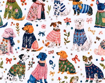 Cozy Floral Sweater Dog Seamless Pattern, Cottage Pet Repeat, Winter Surface Design for Fabric