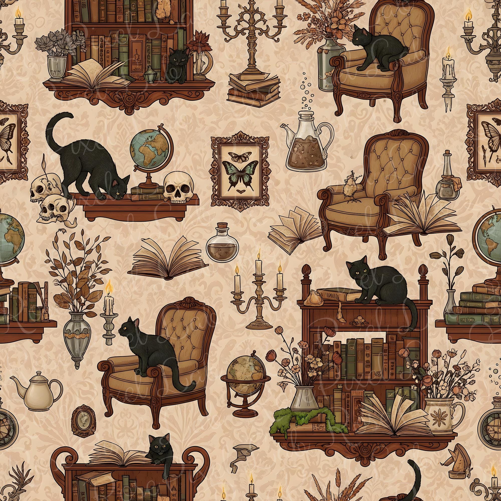 Black Halloween Cat in the library Seamless  Pattern File for Commercial Use Gothic Dark Acadamia Victorian Fabric Design Repeat Pattern