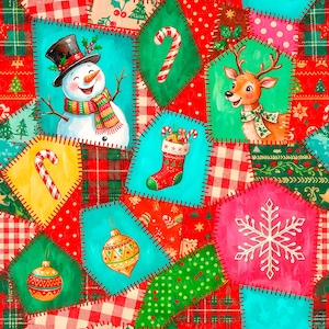 May include: A festive patchwork pattern featuring illustrations of a smiling snowman in a top hat, a reindeer, a Christmas stocking, candy canes, ornaments, and a snowflake. The design includes red, green, and teal fabric squares with plaid.