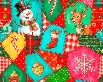 Retro Vintage Christmas Patchwork Seamless Pattern | Neon Folk Snowman Reindeer Quilt Digital Paper | Rustic Farmhouse Holiday Fabric Design