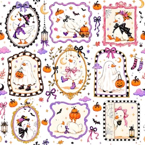 May include: A repeating pattern featuring white ducks in various Halloween costumes and poses, framed in ornate borders. The ducks are depicted with pumpkins, ghosts, bows, and lanterns, accented by small stars, bats, and autumn leaves on a white background.