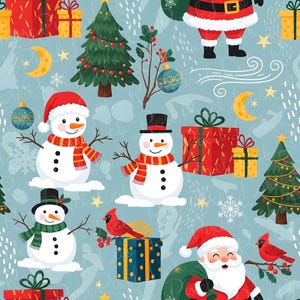 May include: A festive Christmas-themed pattern featuring snowmen, Santa Claus, Christmas trees, wrapped gifts, crescent moons, and stars on a light blue background. The snowmen wear hats and scarves. Santa Claus is carrying a green sack.