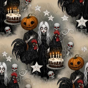 Meninas aranhas de abóbora assustadoras e padrão sem emenda de Halloween em aquarela preta, gato preto fantasma, casa mal-assombrada, padrão de repetição de outono sem emenda