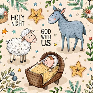May include: A whimsical illustration featuring a baby in a wooden cradle, a sheep, a donkey, and star-shaped ornaments. The words "Holy Night" and "God With Us" are also present. The background is a light beige with floral and star accents.