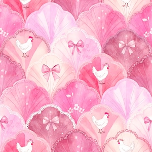 Könnte beinhalten: Ein sich wiederholendes Muster mit rosa fächerförmigen Designs mit weißen Hühnern, Schleifen und Spitzendetails. Die Aquarellillustration verwendet verschiedene Rosatöne und erzeugt eine weiche und feminine Ästhetik. Geeignet für Stoff oder Tapete.