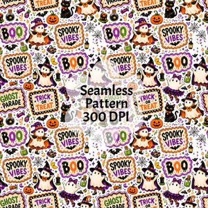 May include: A seamless Halloween-themed pattern on a white background. The design features ghosts, pumpkins, black cats, bats, and the phrases "Boo", "Spooky Vibes", "Trick or Treat", and "Ghost Parade". The text "Seamless Pattern 300 DPI" is also present.