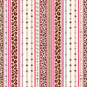 Op de afbeelding: Een herhalend verticaal patroon met afwisselende strepen van luipaardprint, felroze lijnen en crèmekleurige banden versierd met kleine bruine bloemmotieven, geometrische vormen en delicate rankachtige illustraties door het hele ontwerp.