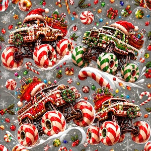 May include: A repeating pattern featuring monster trucks with candy cane striped tires, Santa hats, and truck beds filled with gift boxes. The design includes Christmas ornaments, holly, candy canes, and glowing lights on a gray background.
